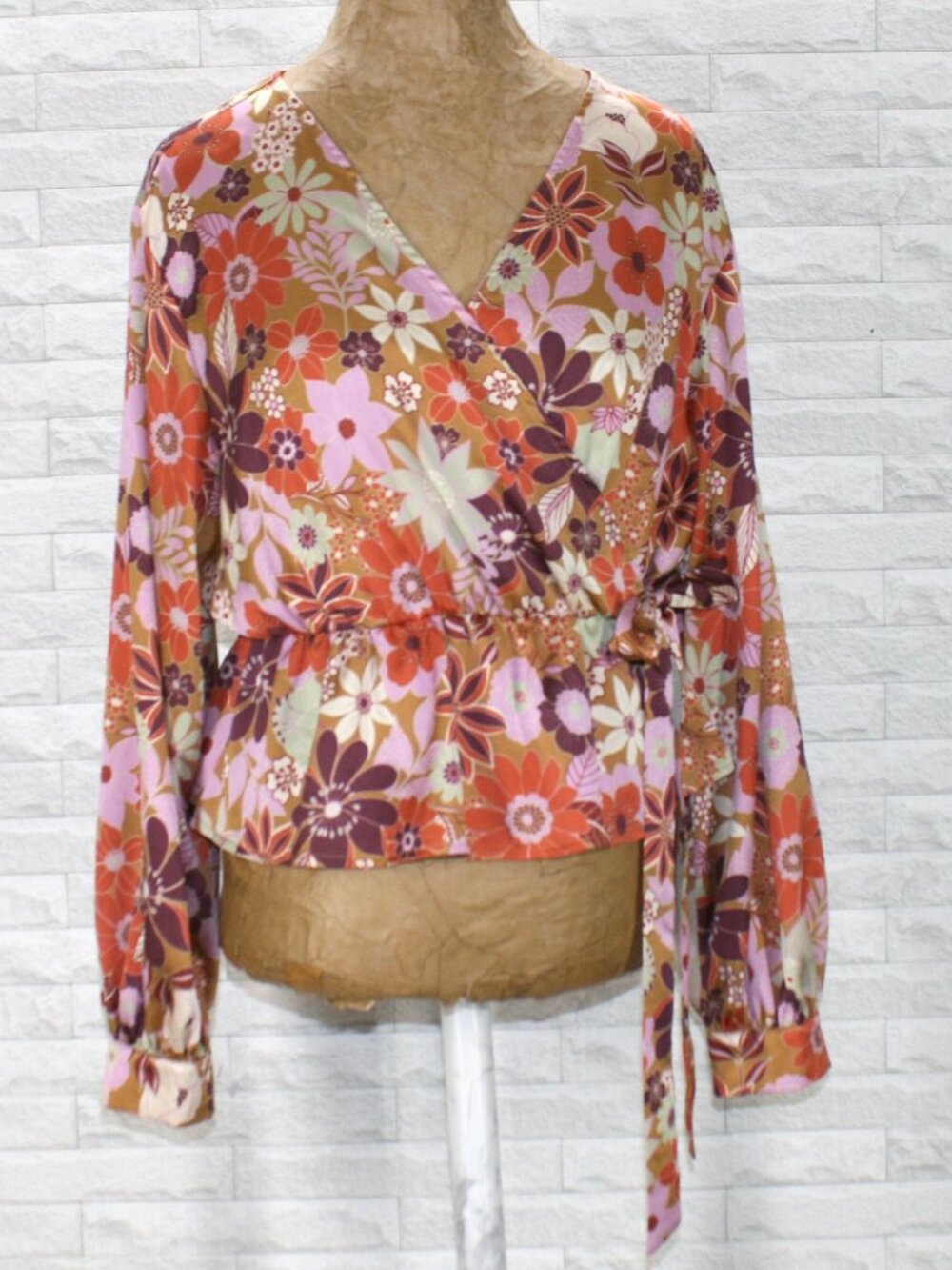 NASTY GAL Blouse Crop Top Retro Floral Print Long Sleeve Peplum Fall Orange 6